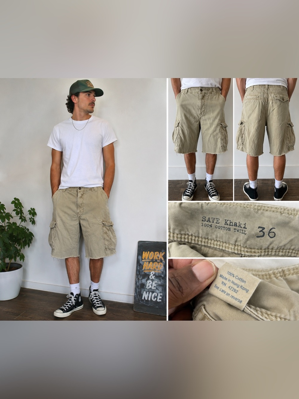 Vintage Khaki Cargo Shorts Men’s Size 36 Beige Utility Military Cotton Twill Y2K